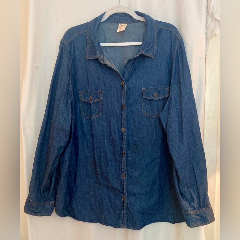 Faded Glory Dark Blue Lightweight 100% Cotton Denim Long Sleeve Shirt Size 3X